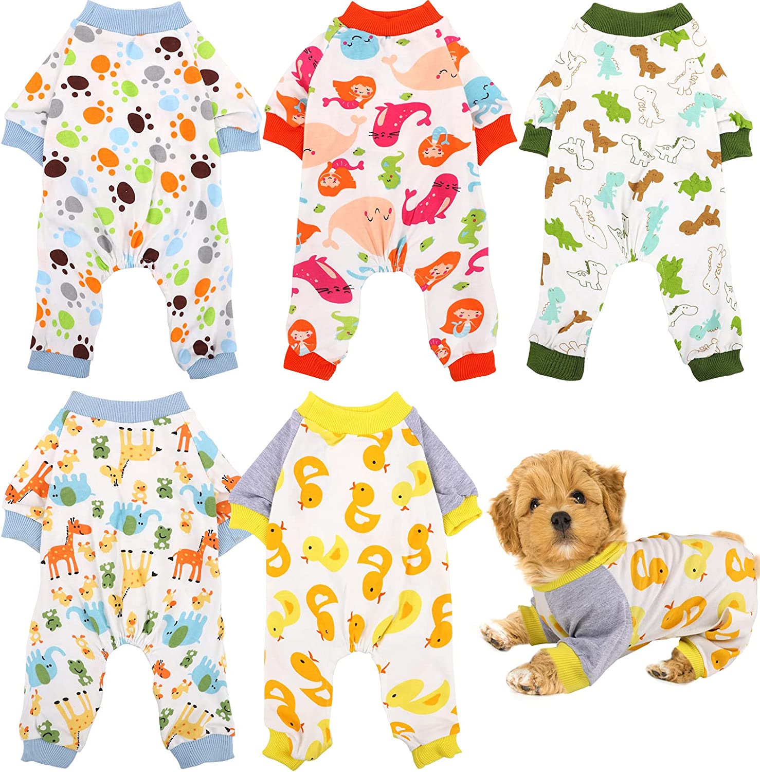 5 Pieces Pet Pajamas Dog Paw Dinosaur Mermaid Yellow Duck Giraffe