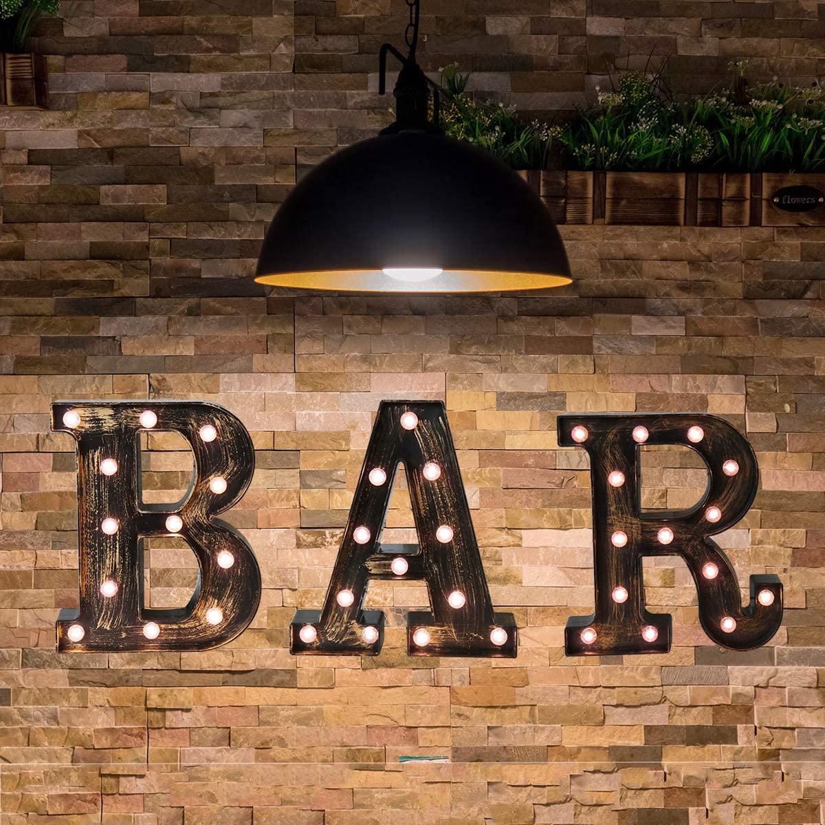 Vintage bar sign with decorative lights