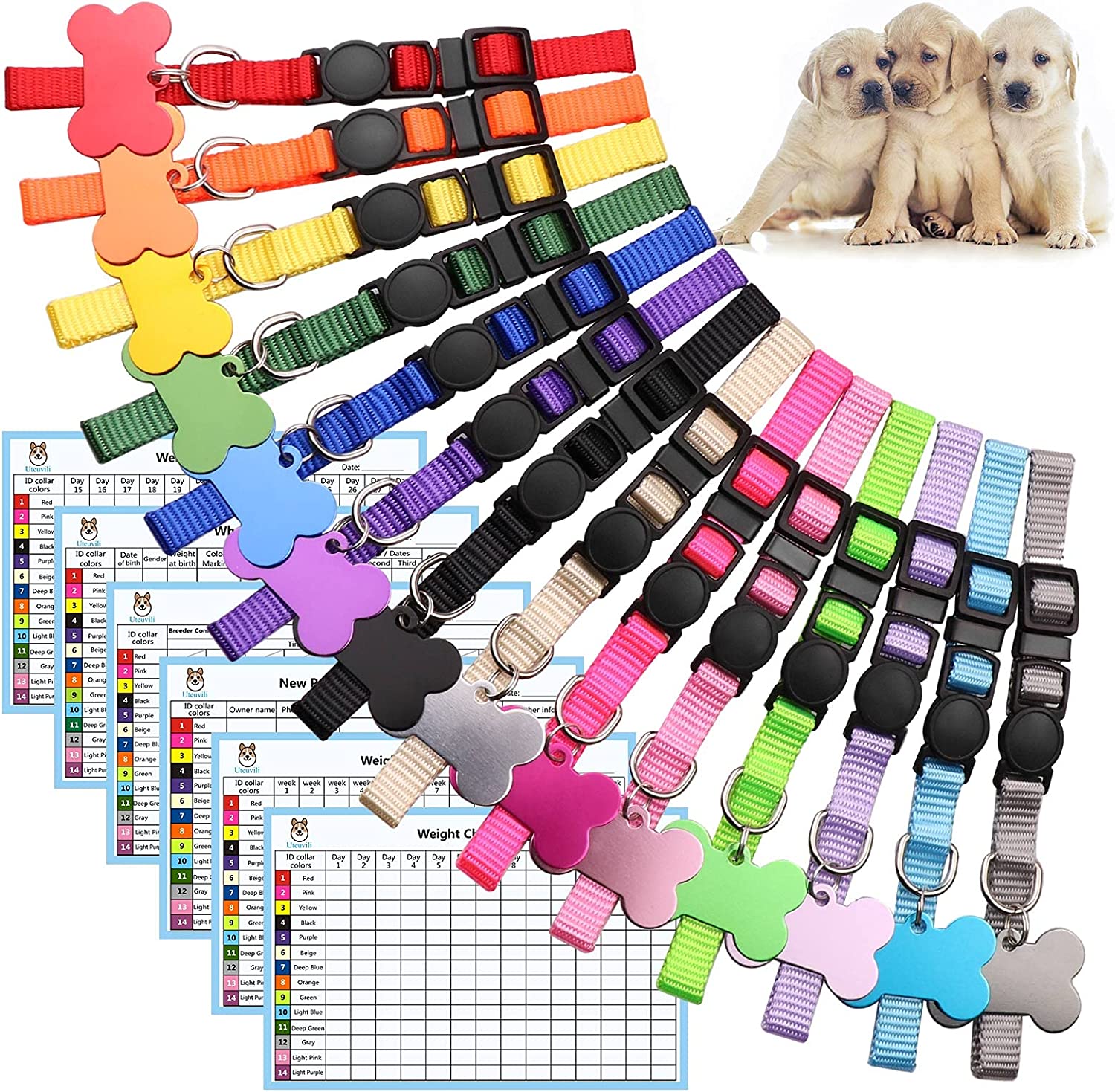 Pet Collars with ID Bone Tags (14 pieces)