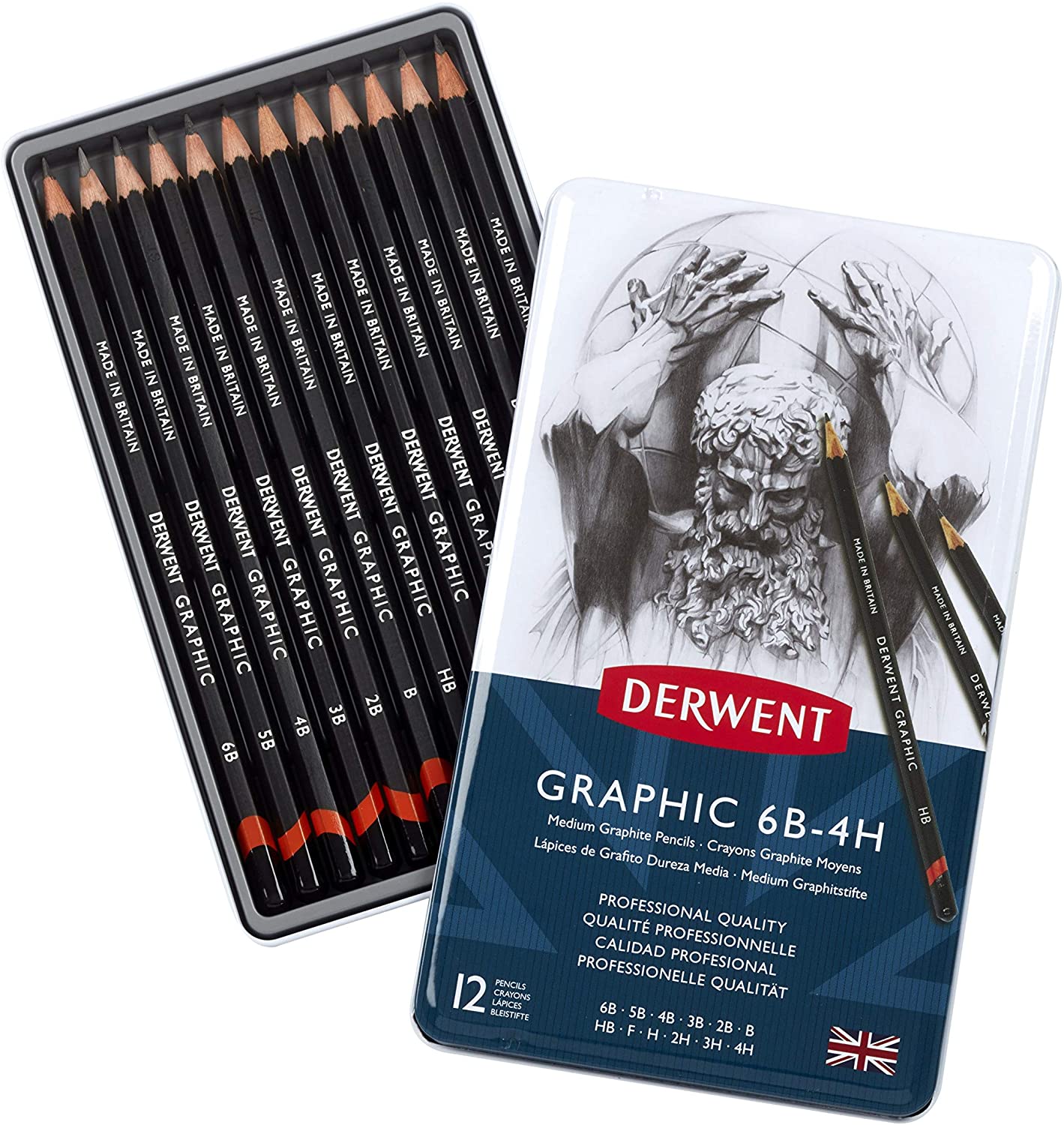 Graphic Drawing Pencils, Medium, Metal Tin, 12 Count (Gray)