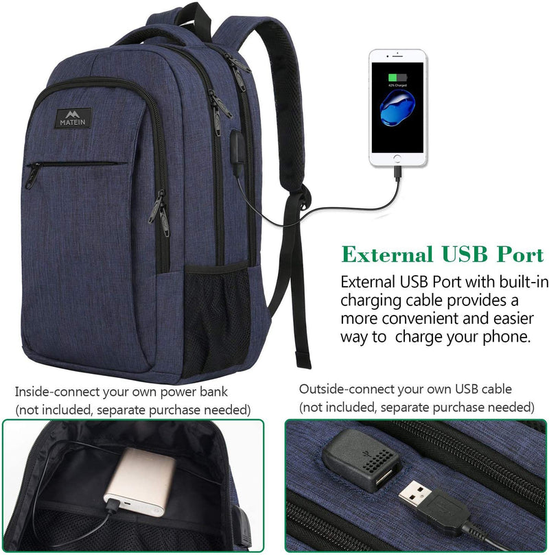 Backpack with USB charging port, 15.6 inches, blue