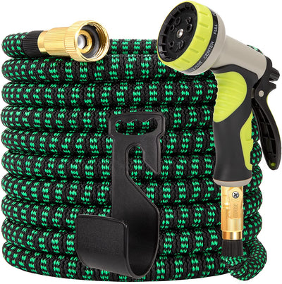 Green Garden Hose 100ft, Water Hose with 10 Function Nozzle,