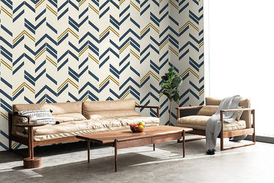 Modern Striped Wallpaper, (17.7"x197") Blue, Gold, Beige