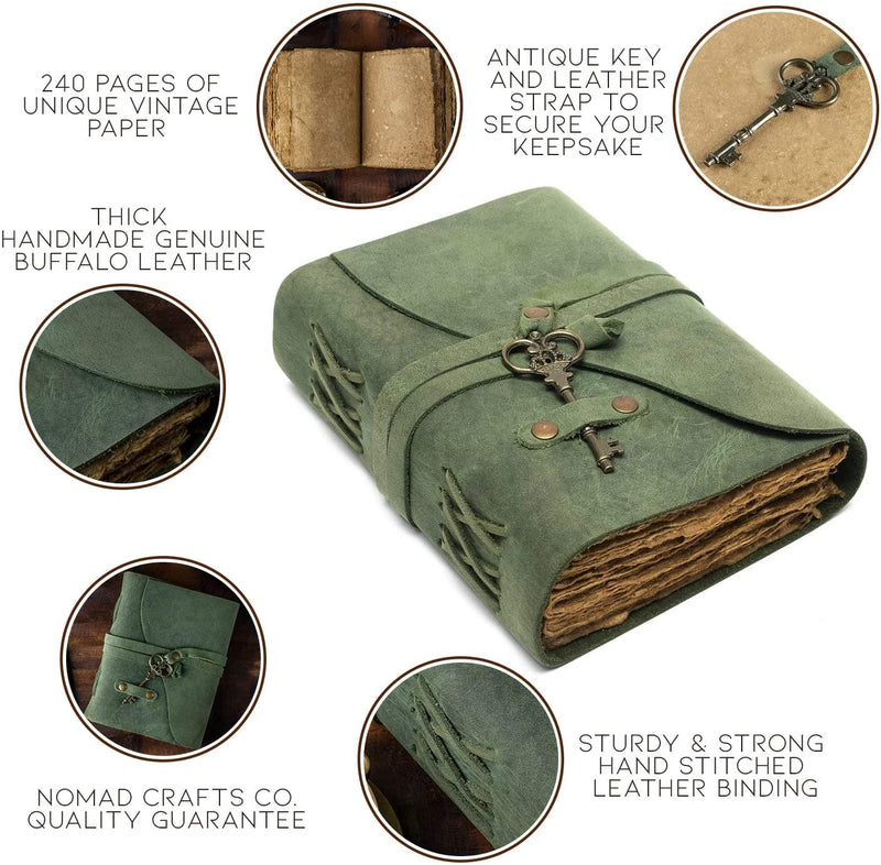 Vintage leather journal, Color: Green (Size: 9" x 6")