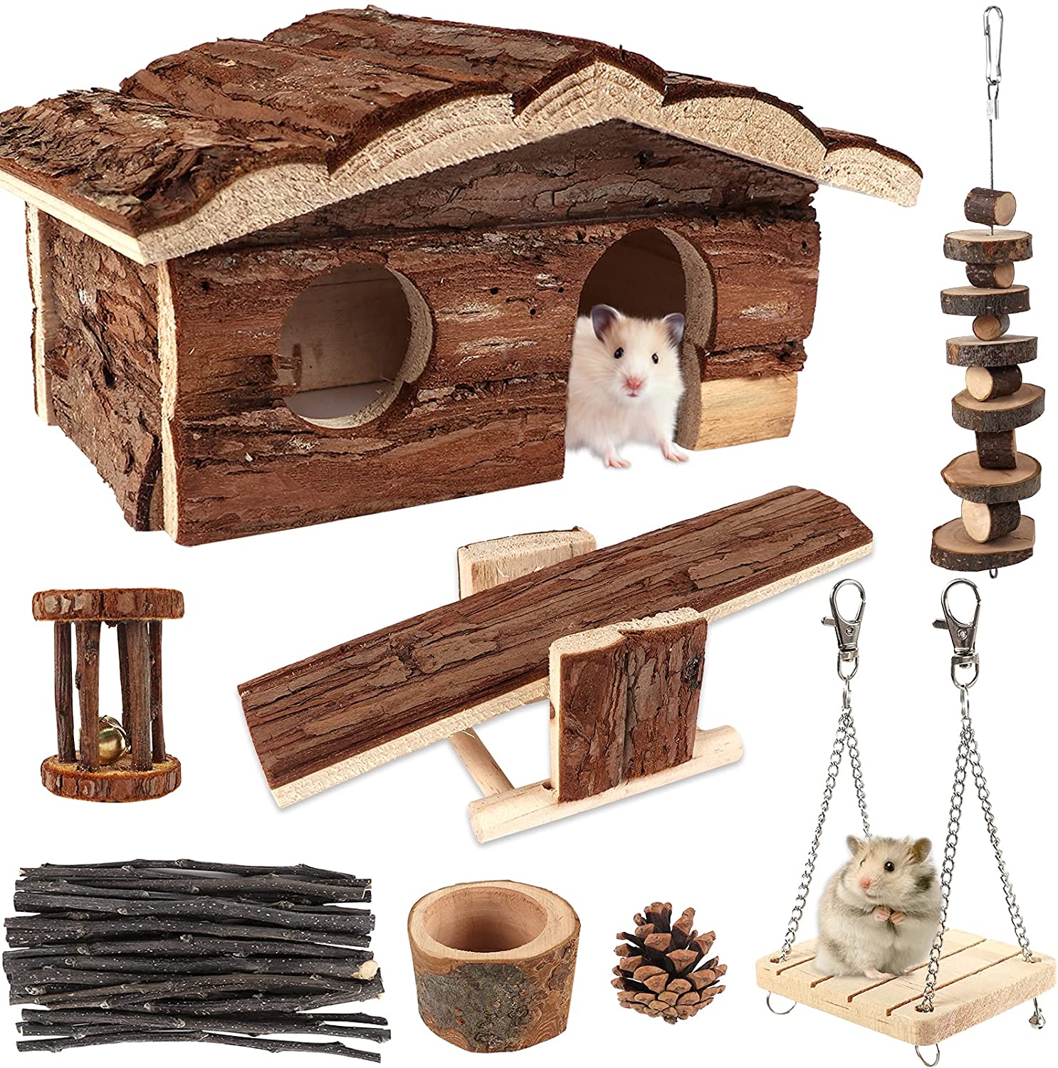 Chew Toys with House for hamster, 17 Pack Wood