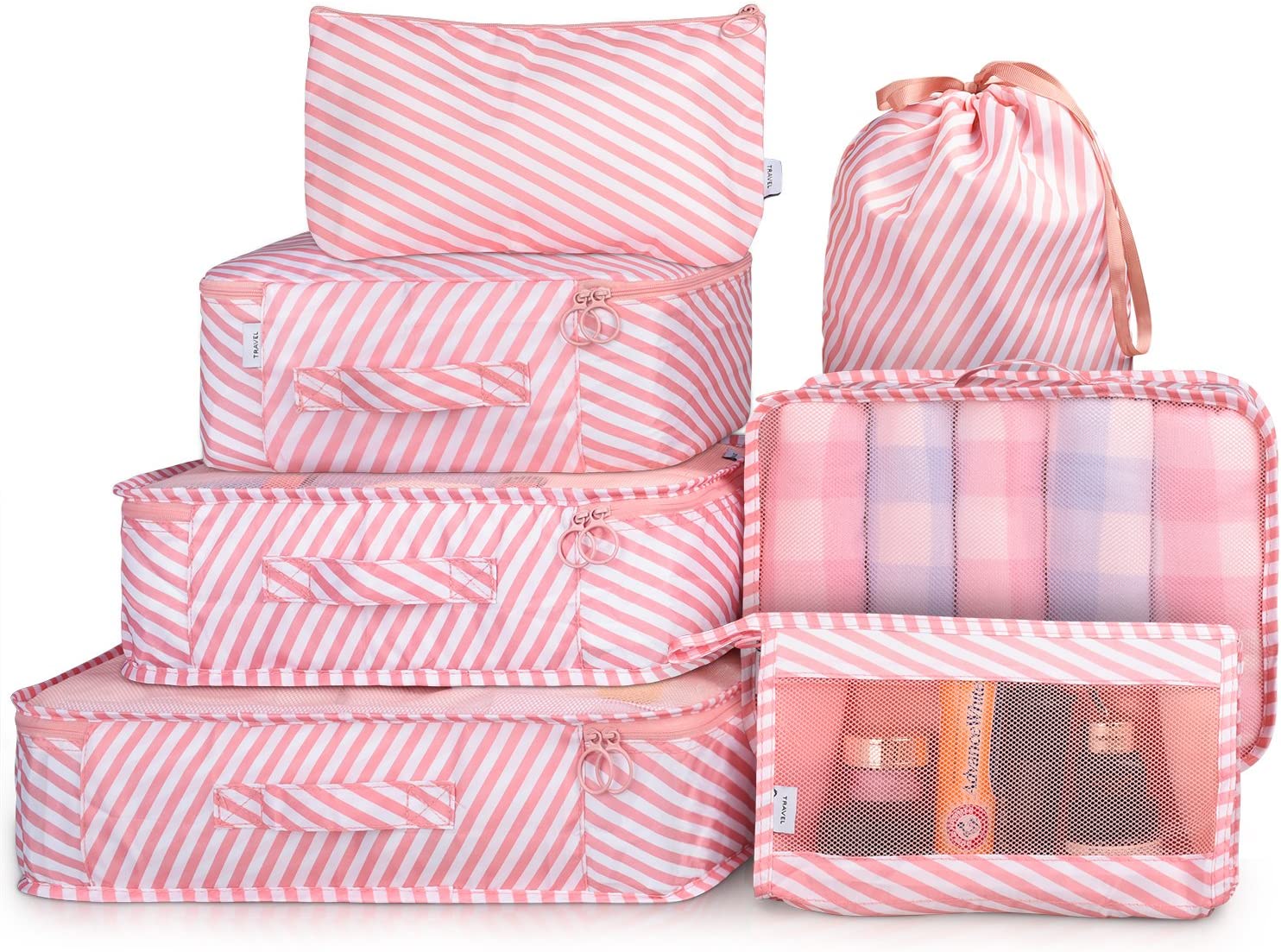 Travel Luggage Organizer Bags (7 Pieces, Pink Stripes Color).