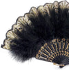 Feather Fan with Embroidered Flowers, Vintage 1920s Style (Black)