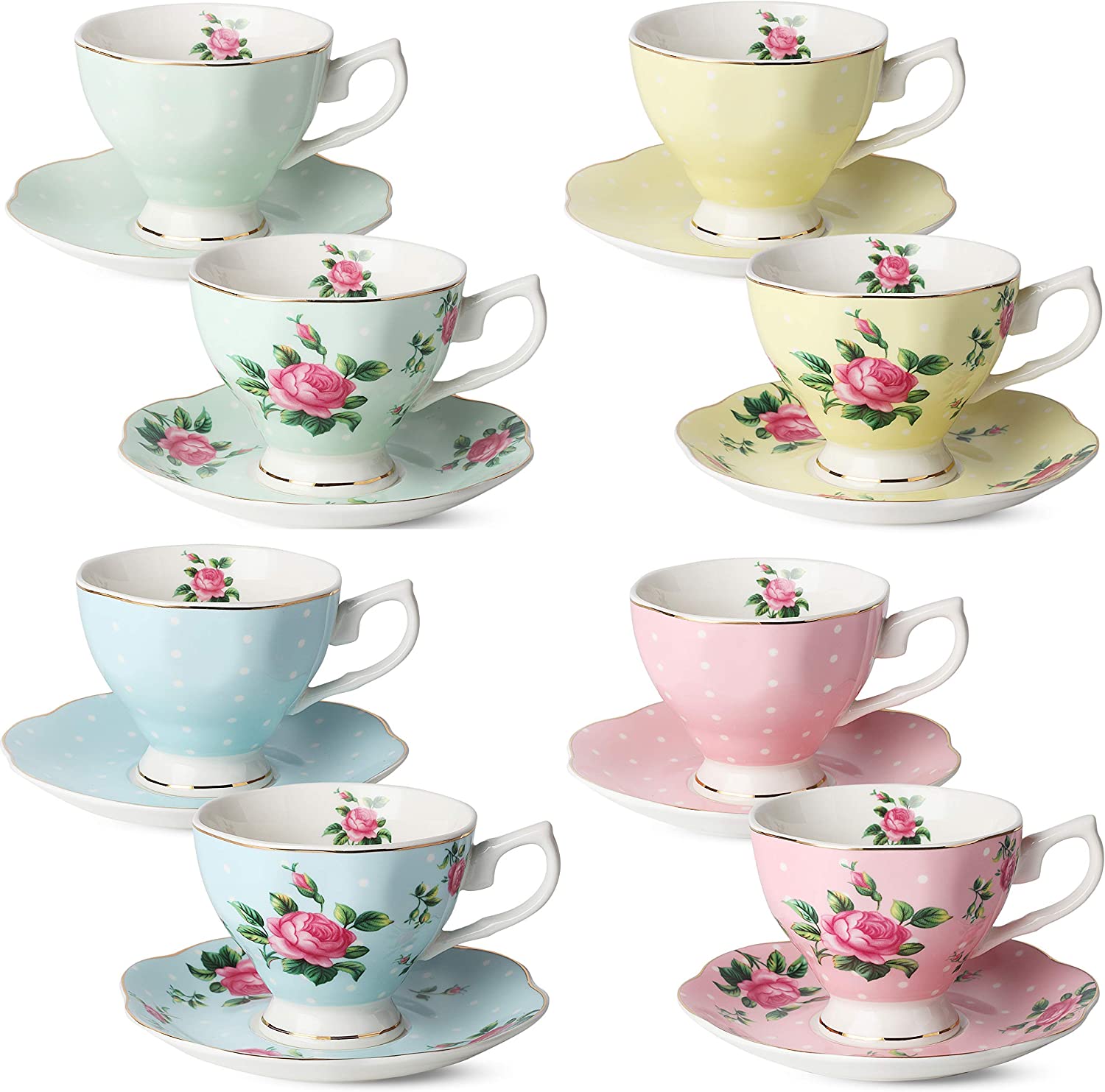 Floral Tea Cups and Saucers, Set of 8 (8 oz)