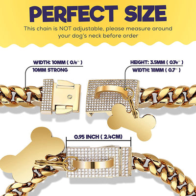 Diamond pet Gold Chain Collar,10mm,Adjustable,18"