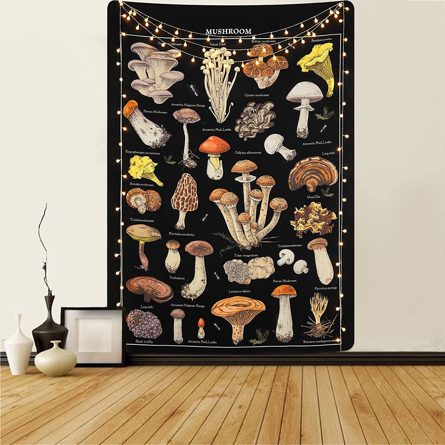 Vintage Black Mushroom Tapestry, Multicolor B (36" x 48")