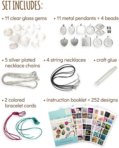 DIY jewelry kit, 11 pendant charms, 9 necklaces, 2 bracelets.