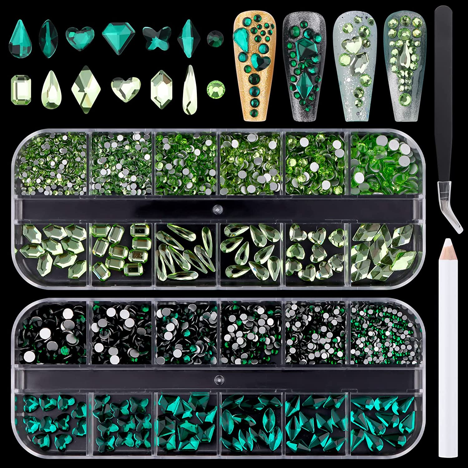 3D Nail Rhinestones for Acrylic Nail Art, Green