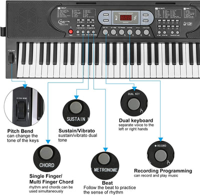 Piano with illuminated keys, 61 keys, Color: Lighted Keys-Black