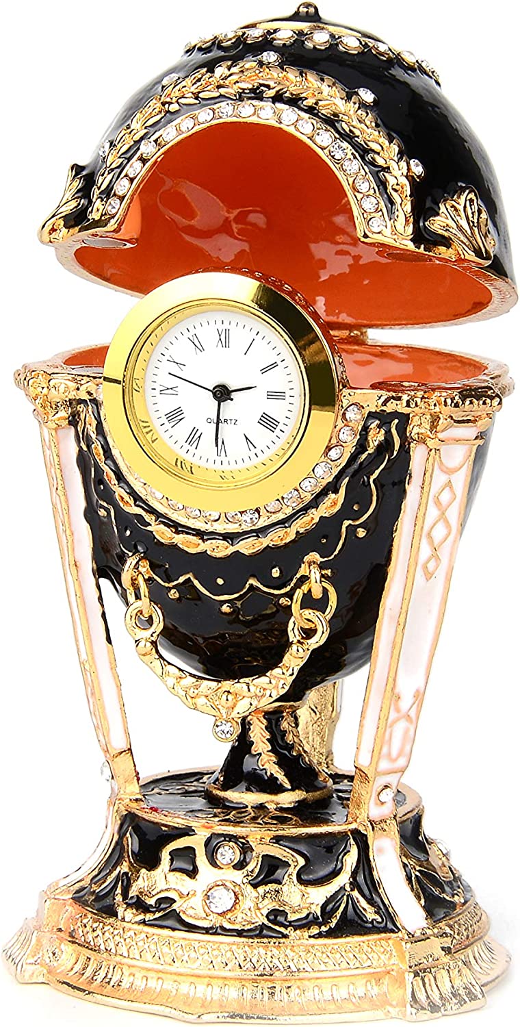 Vintage Faberge Egg Clock Jewelry Box (Color: Black)