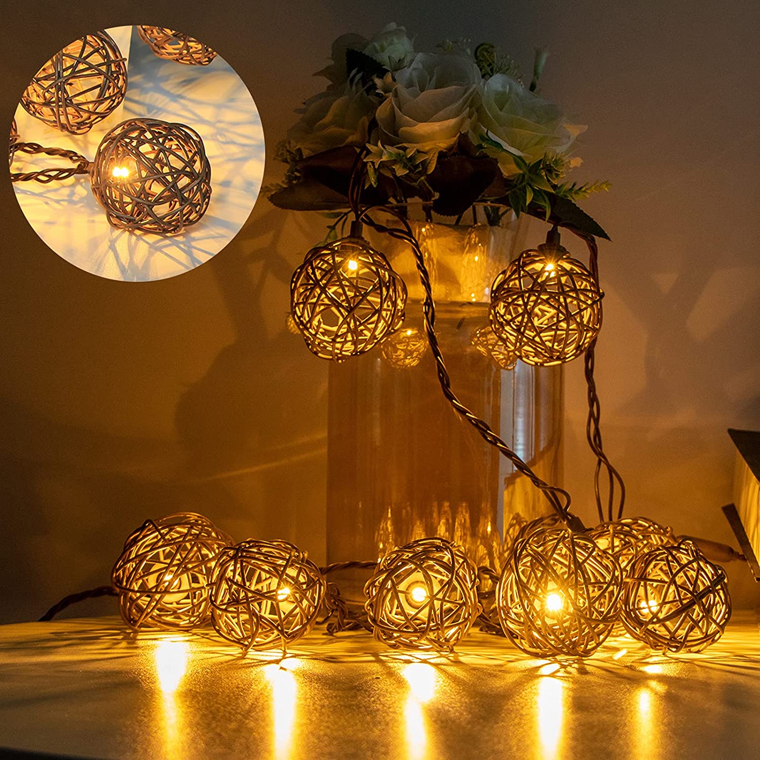 Rattan Ball String Lights with 10 Waterproof LED Bulbs