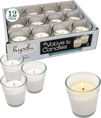 White Votive Candles in Clear Glass Cup, (Pack x 12)