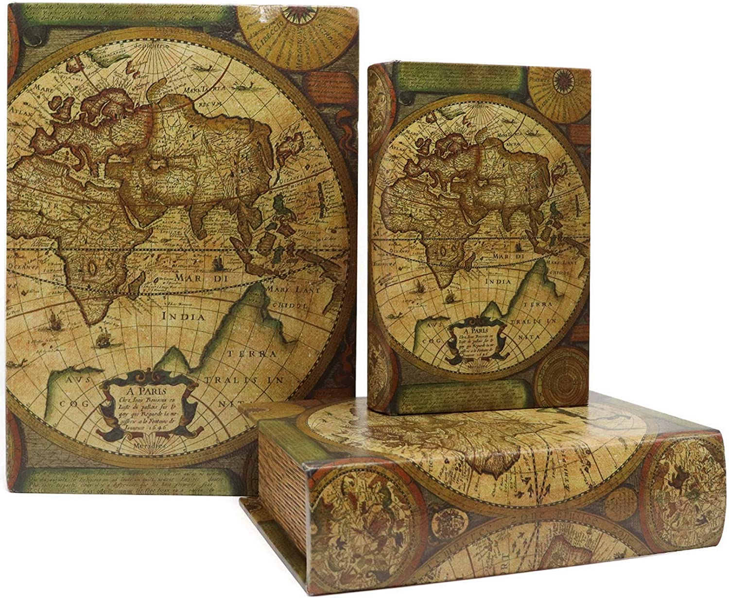 Set of 3 Decorative Boxes, Vintage, with Map Print, Map