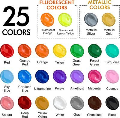 Acrylic paint, 25 colors of 2 oz/60 ml, richly pigmented.