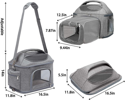 Expandable Pet Travel Bag, 16.5"Lx 11.8"Wx 14"H,grey color