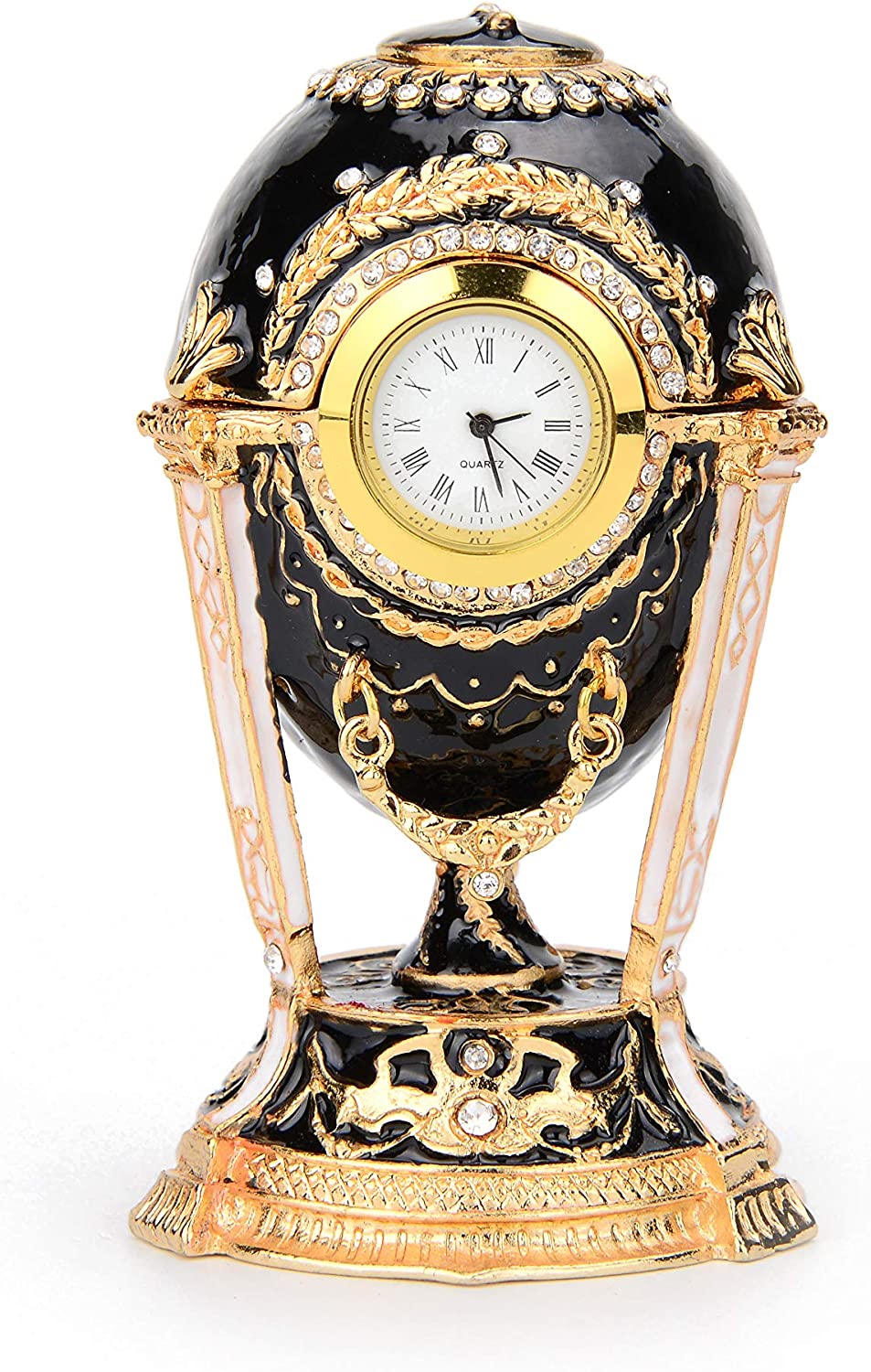 Vintage Faberge Egg Clock Jewelry Box (Color: Black)