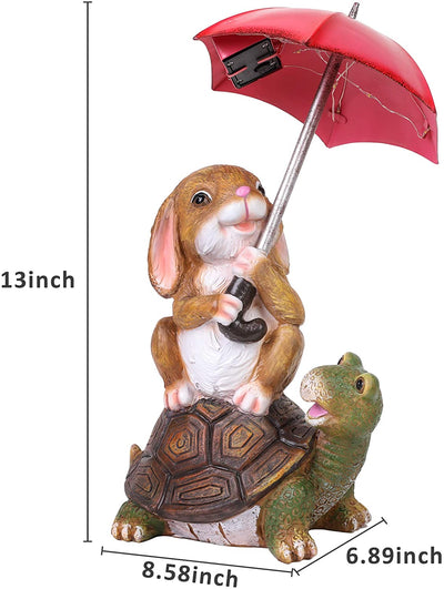 Rabbit Siting on Turtle Holding an Umbrella with String Lights