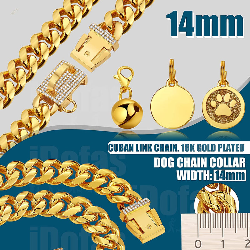 18 karat gold Cuban chain. Width 14 mm with diamond buckle.