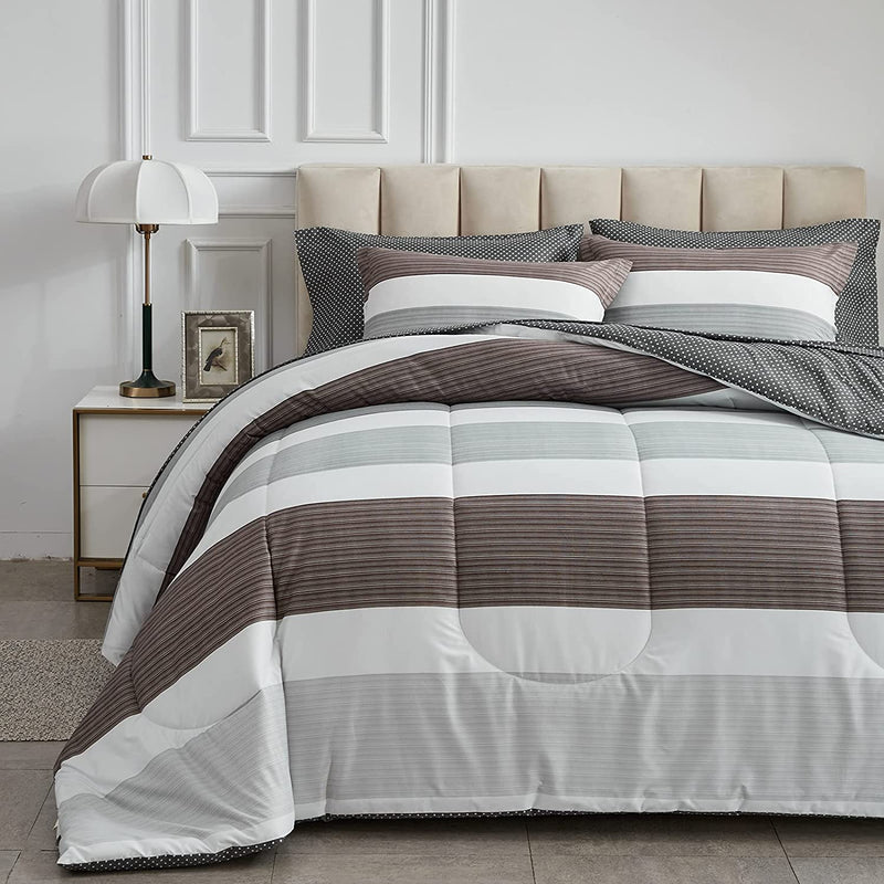Light Gray and Brown Stripe 7 Piece Bedding Set