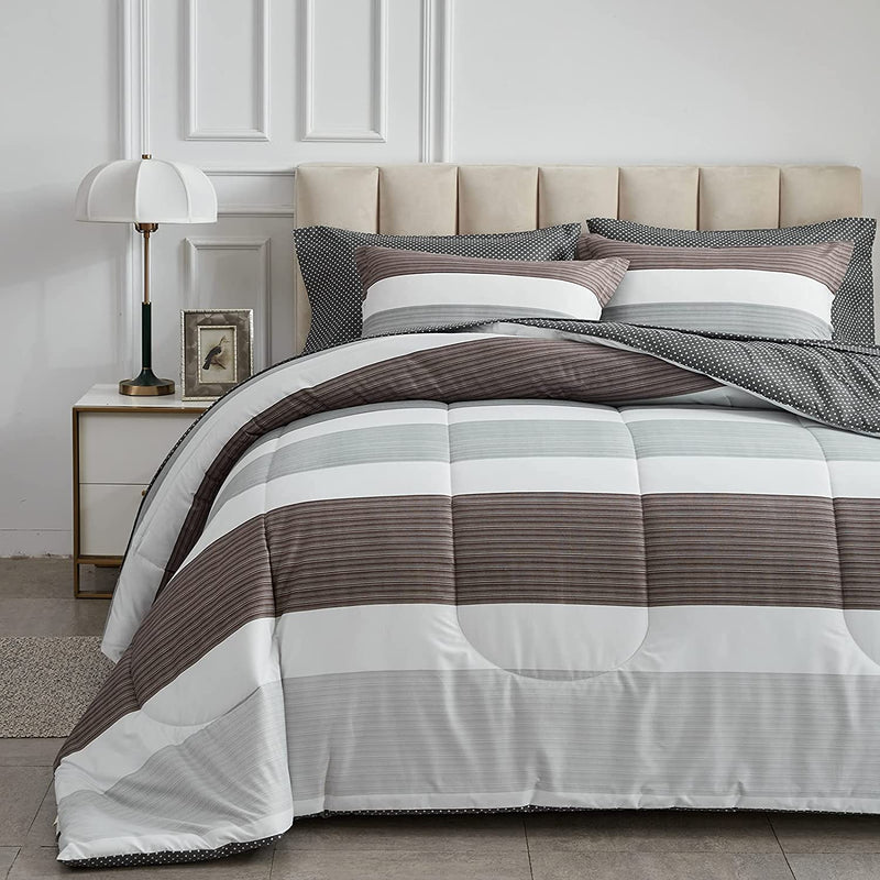 Light Gray and Brown Stripe 6 Piece Bedding Set