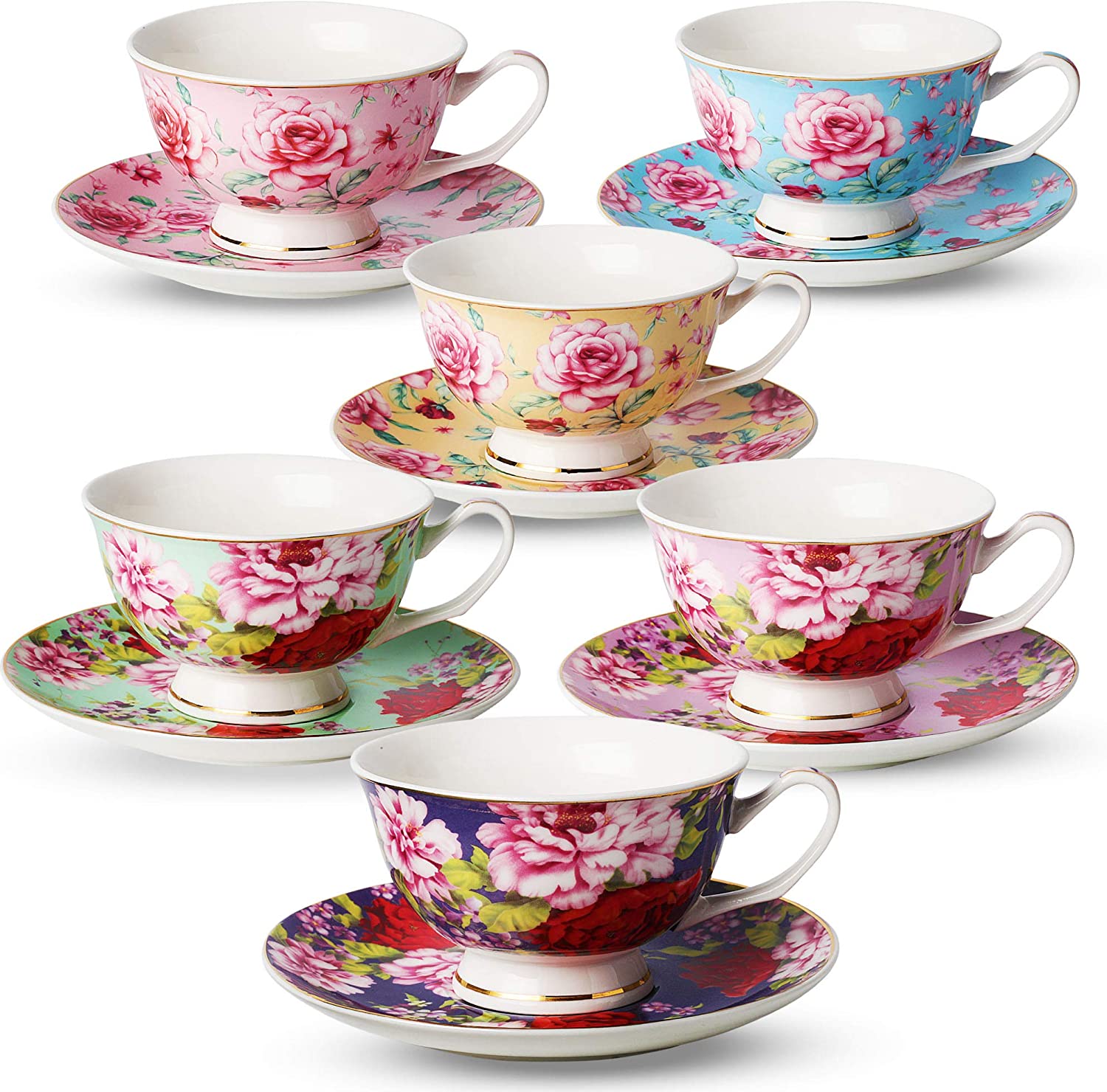 Tea Cups and Saucers, Set of 6 (8oz)