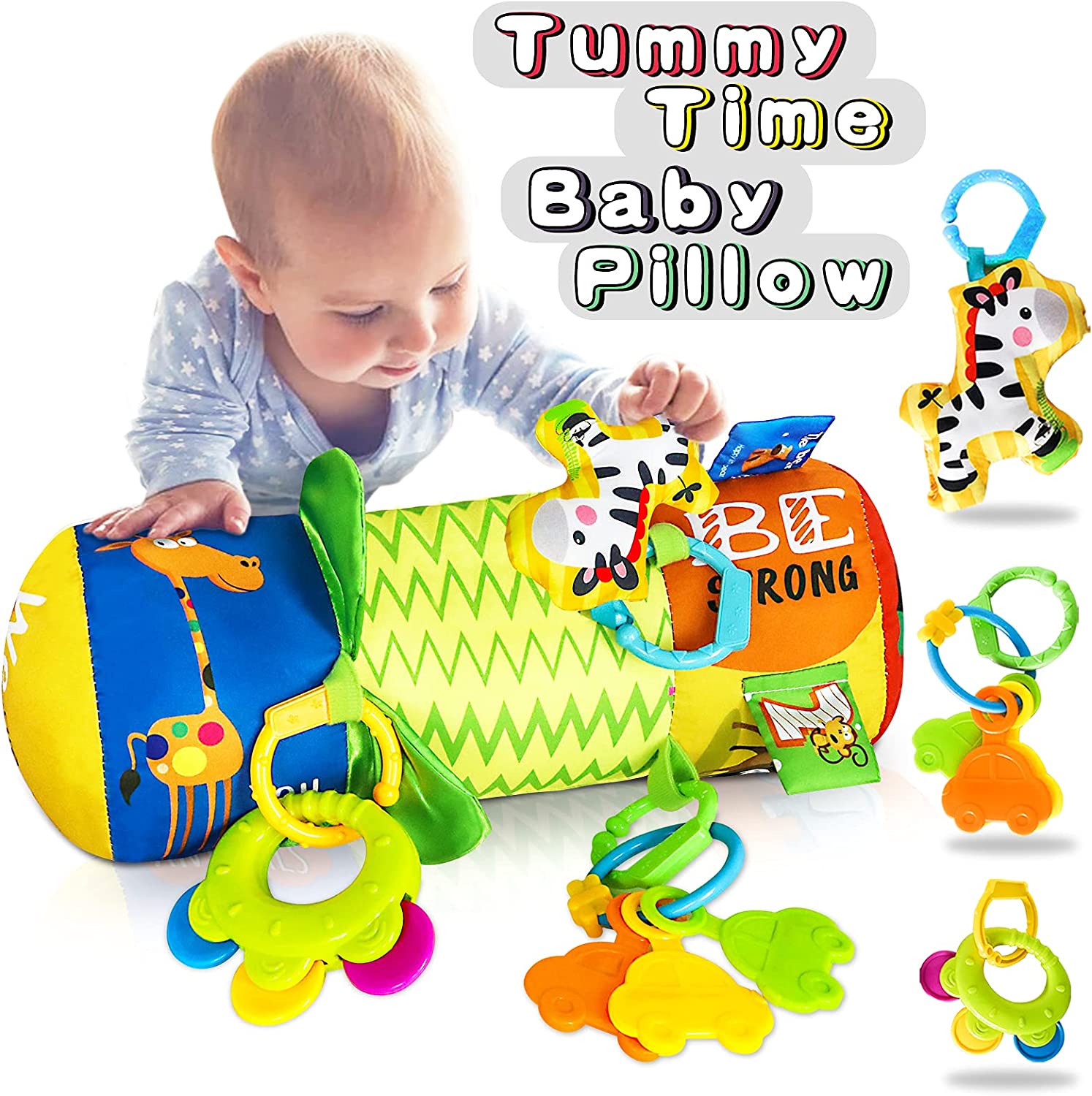 Baby Tummy Time Pillow Toy with Detachable Rattles Crawling