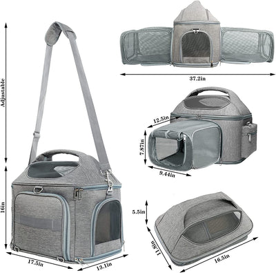 Expandable Pet Travel Bag, 17.5"Lx 13.1"Wx 16"H,grey color