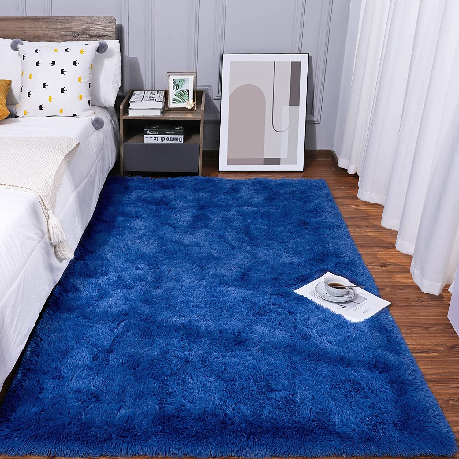 Shaggy Fluffy Rug for Bedroom, 3'x5', (Navy Blue)