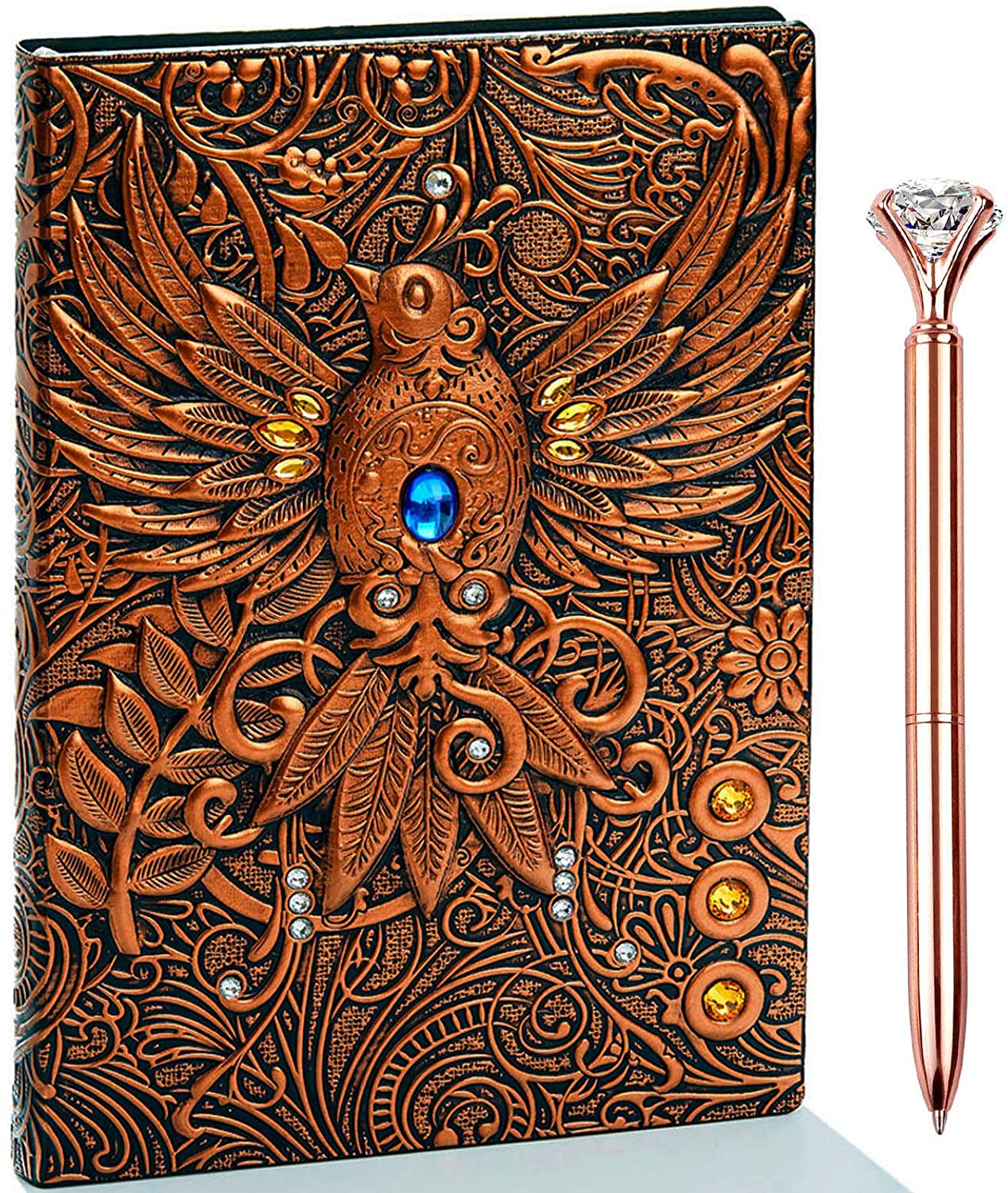 Embossed vintage leather journal notebook. Phoenix(RedBronze)