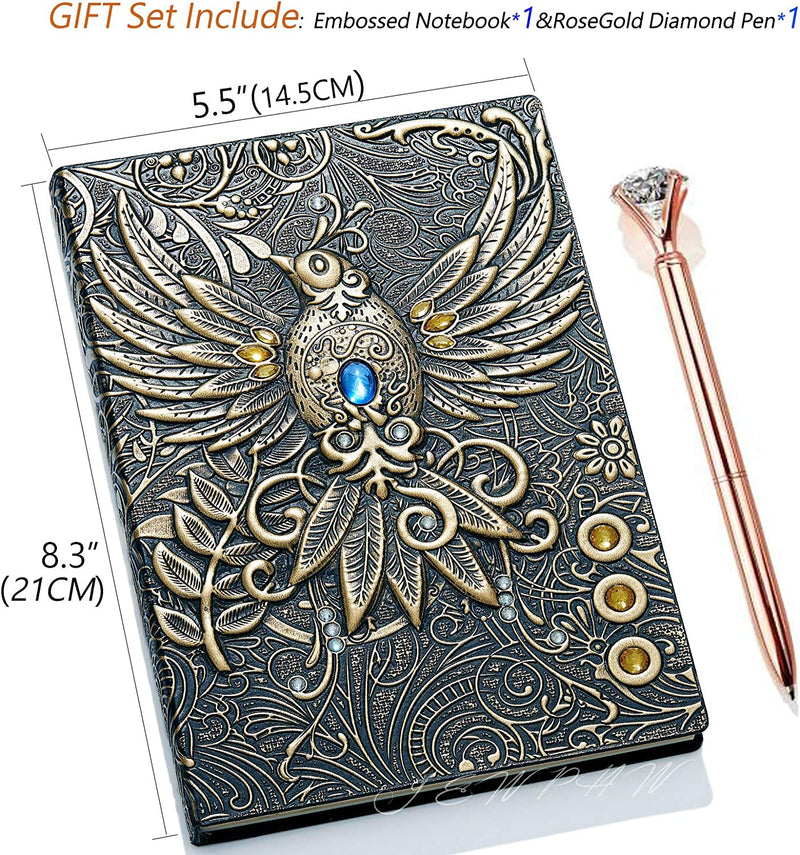 Embossed vintage leather journal notebook with pen set. Phoenix