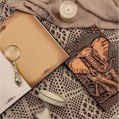 Embossed vintage leather journal notebook. Elephant(RedBronze)