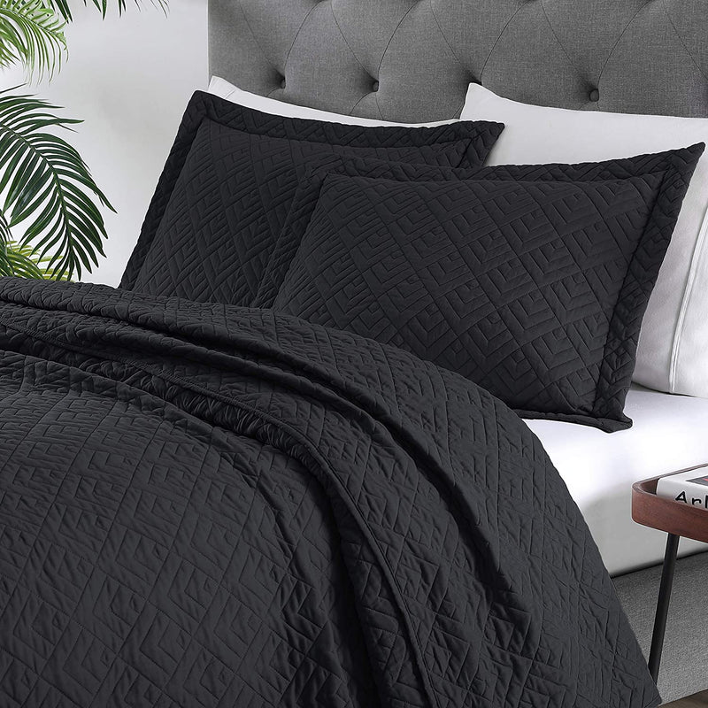 Full Queen Size Black 3 Piece,Lightweight Microfiber Coverlet Modern Style Squares Pattern