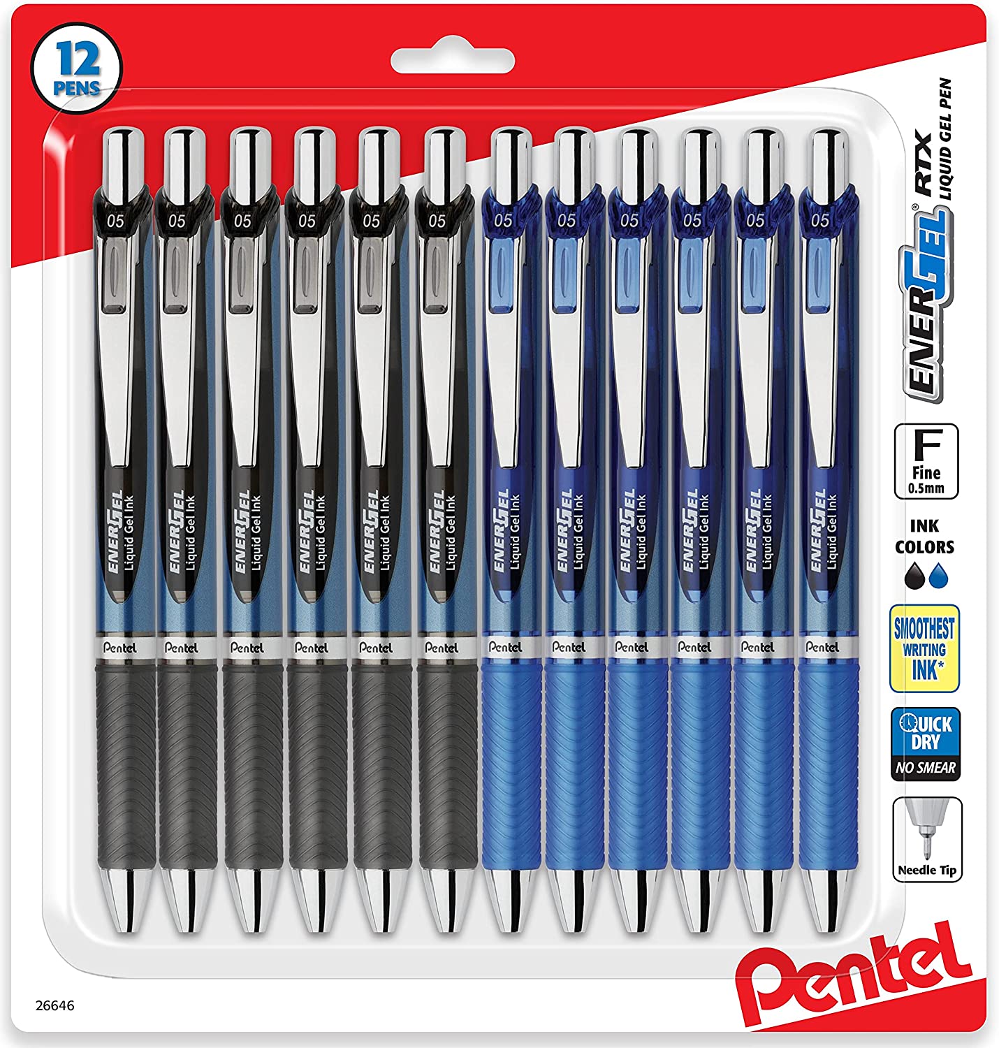 12 Energel 0.5mm Needle Tip Pens, 6 Black and 6 Blue