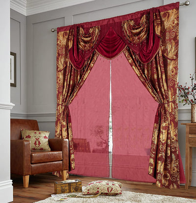 Burgundy Luxury Curtain Window Panel Set Curtain with Attached Valance and Backing Bedroom