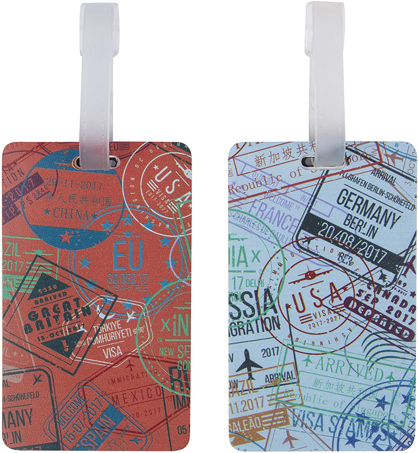 Set of 2 Luggage Tags, passport Stamps, 4.4x2.5x.25