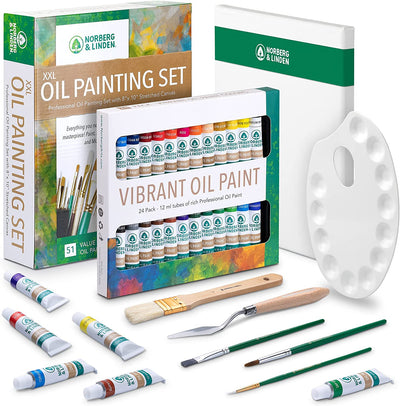 Oil Paint Set - 24 Paints, 25 Brushes, 1 Canvas, and Art Palette