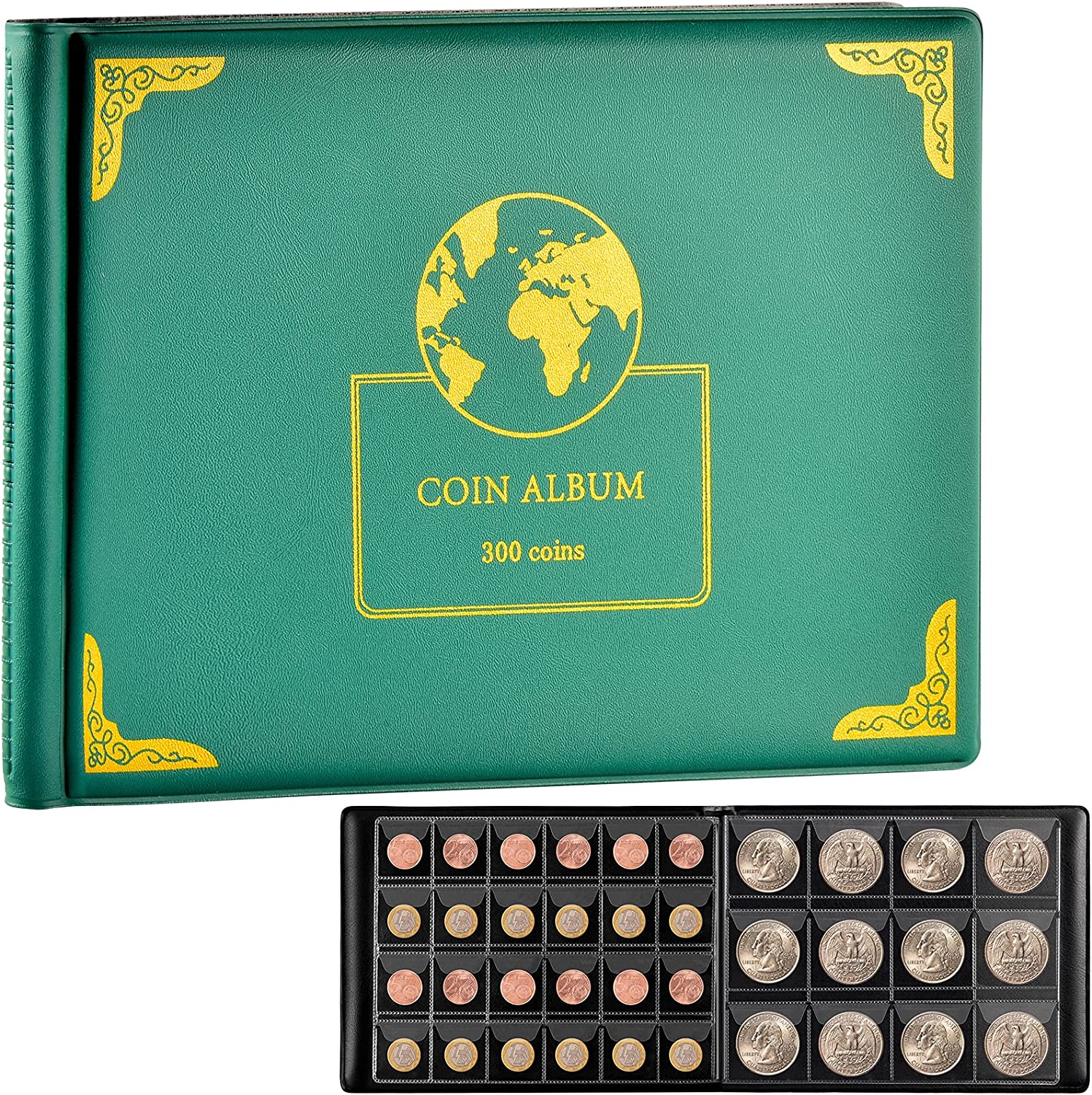 Collectible Coin Albums, 300 Pockets, Green