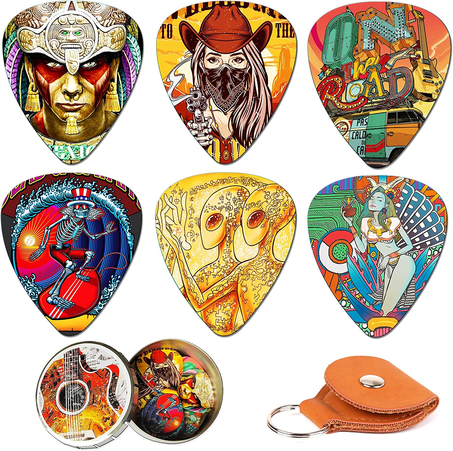 Set of 12 guitar picks with tin box, (mix 7)