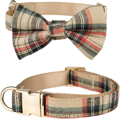 Adjustable Scottish Tartan Bowtie Dog Collar Size S Beige