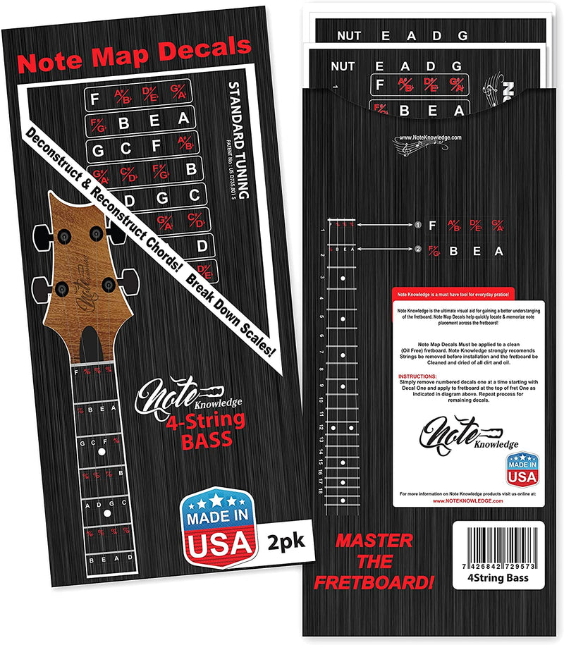 Bass chord and scale fretboard note map decals.