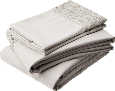 100% Microfiber 4-Piece Lace Sheet Set (Grey- (Queen)