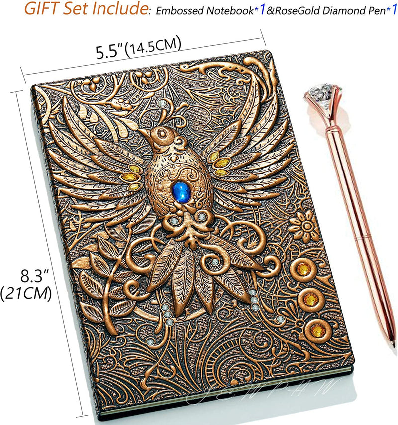 Embossed vintage leather journal notebook. Phoenix(RedBronze)