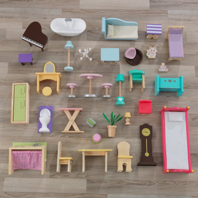 Wooden dollhouse with 34 accessories