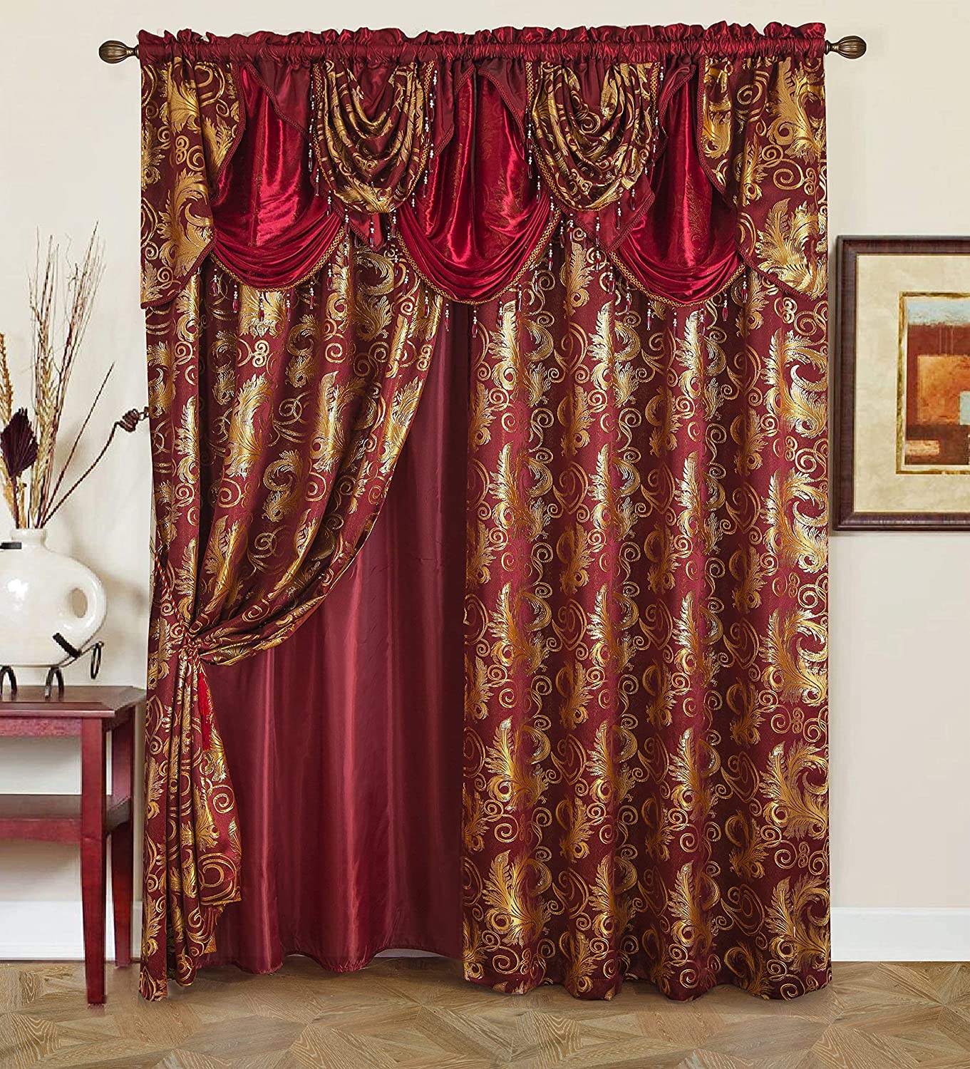 Burgundy Luxury Curtain Window Panel Set Curtain with Attached Valance and Backing Bedroom