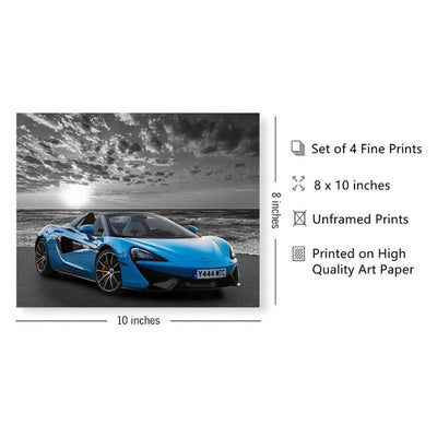 Black and White Sports Car Posters - Set of 4 (8 x 10 inches)