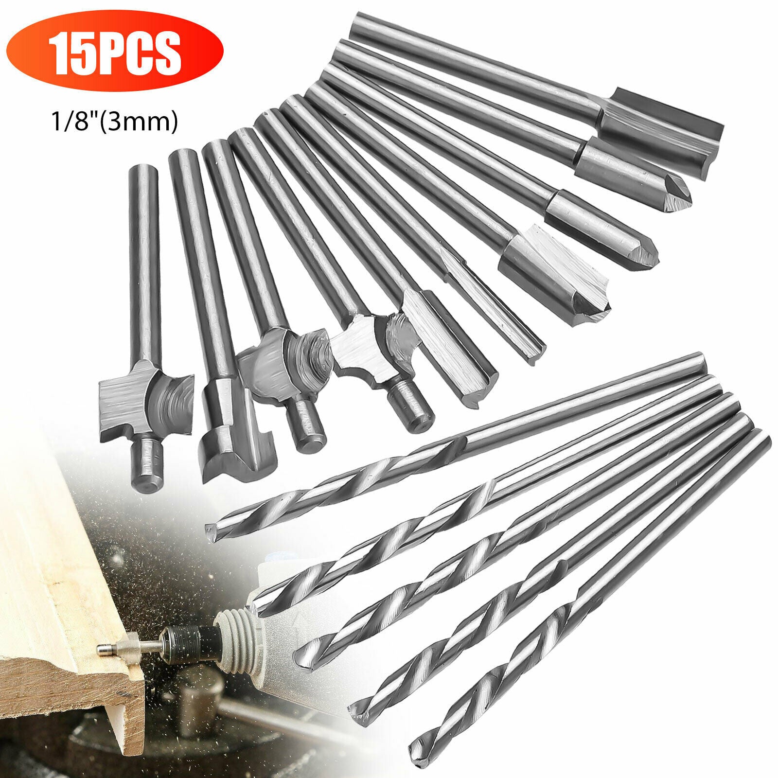 15pc 1/8" 3mm Shank Router Bit Set